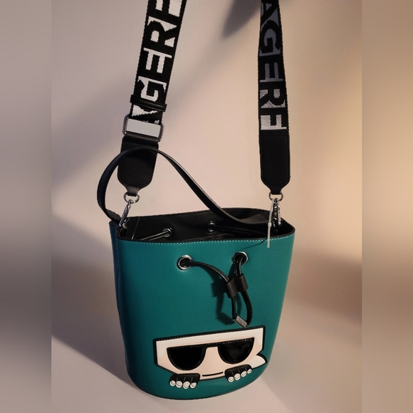 Karl Lagerfeld Cartoon Eyes Bucket Bag in TEAL - Picture 2 of 5